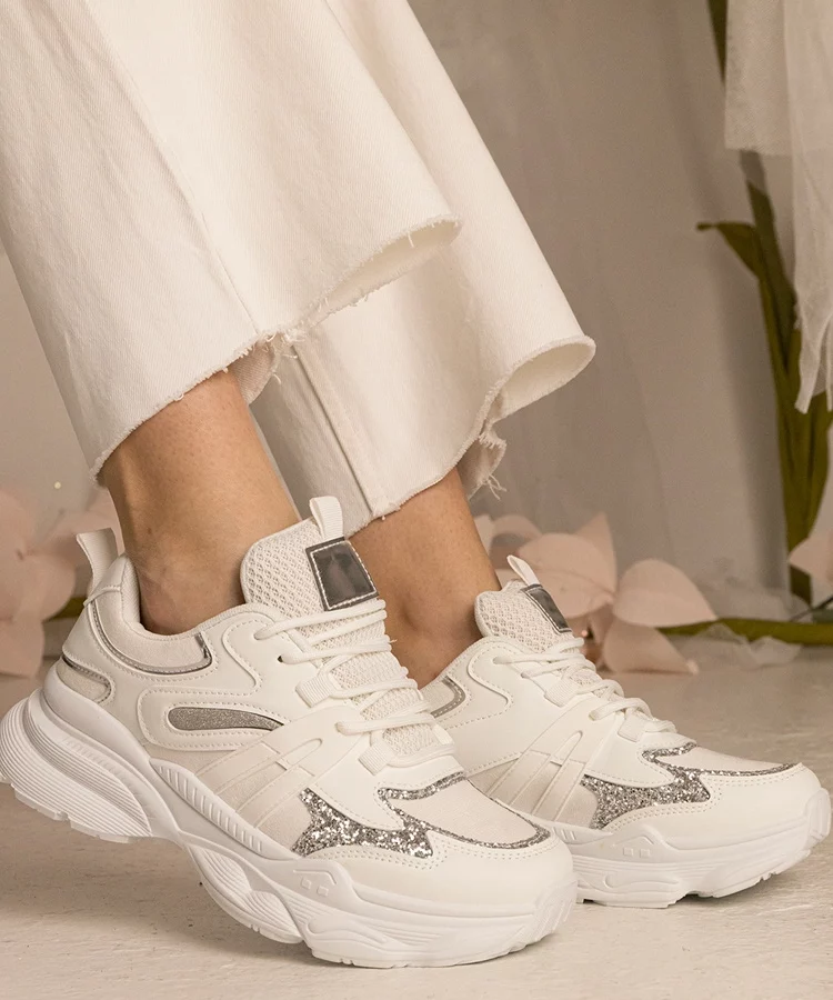 Białe sneakersy damskie sportowe z brokatem Maleda