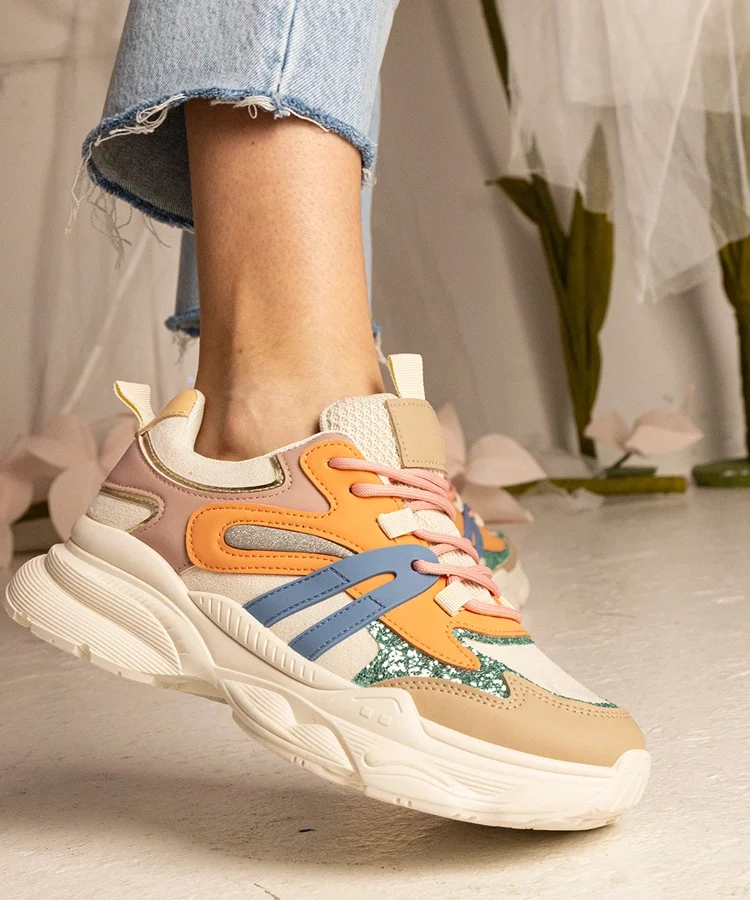 Pomarańczowe sneakersy damskie sportowe z brokatem Maleda