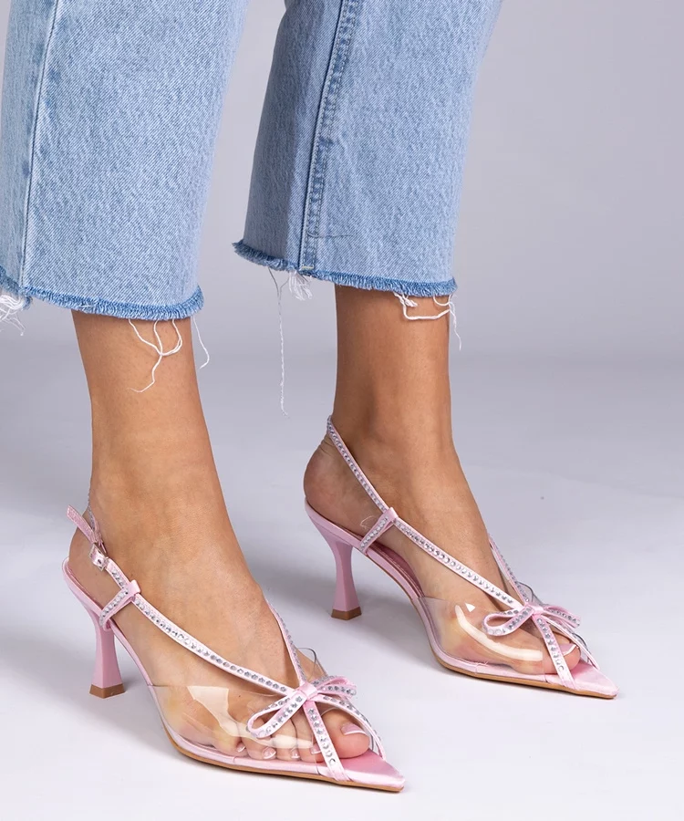 Różowe przezroczyste sandały na szpilce z cyrkoniami Kloksi