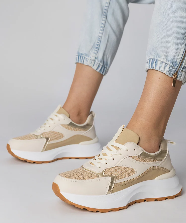 Beżowe sneakersy sportowe z plecioną  wstawką Berlisa