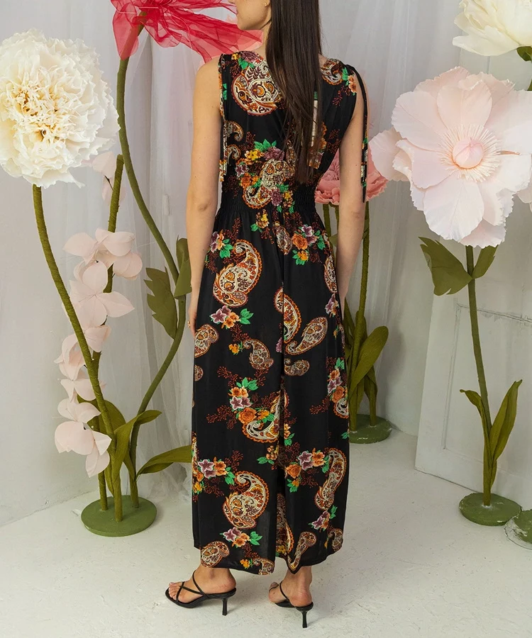 Czarno-pomarańczowa wzorzysta sukienka maxi Bagnaturo