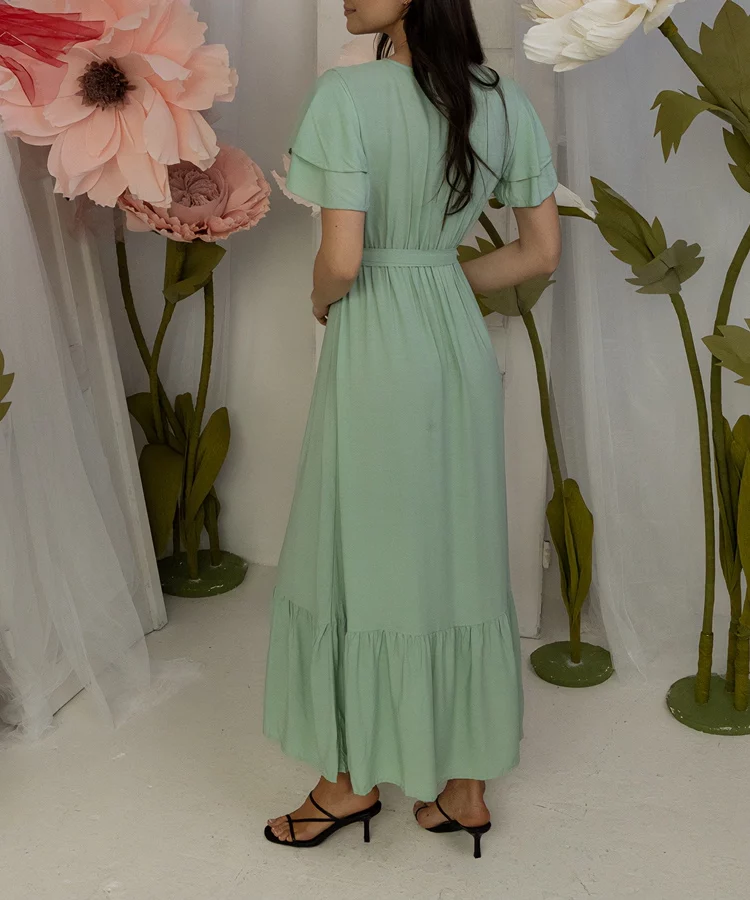 Zielona sukienka maxi z krótkim rękawem Akina