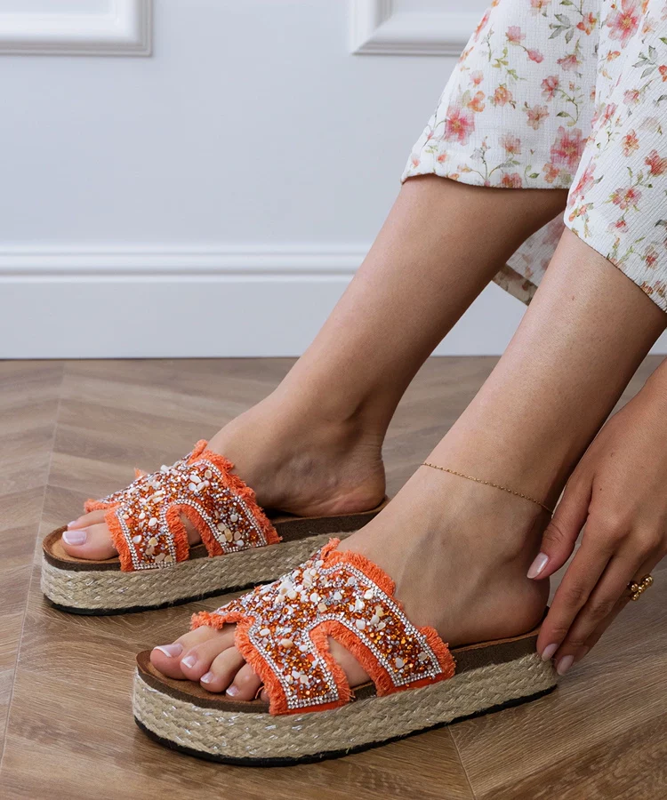 Pomarańczowe klapki espadryle z cyrkoniami i kamykami Najros