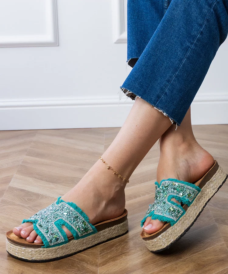 Zielone klapki espadryle z cyrkoniami i kamykami Najros