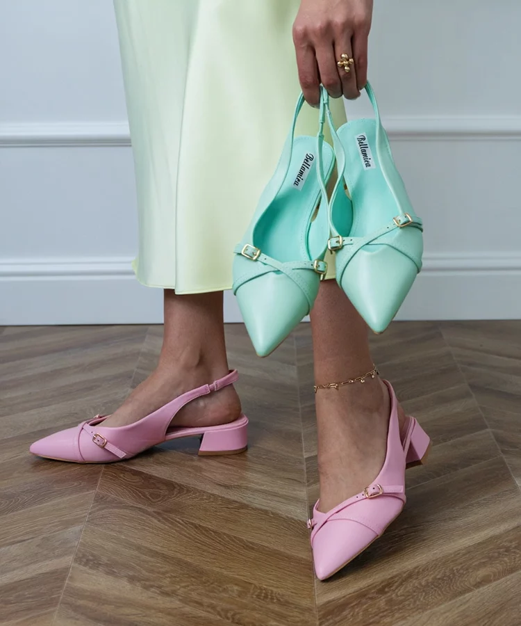 Różowe czółenka na niskim obcasie z odkrytą pietą Ferli