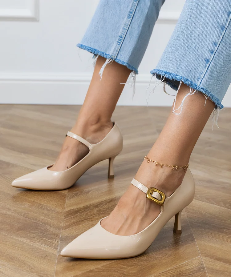 Beżowe czółenka klasyczne z ozdobną klamerką Helli