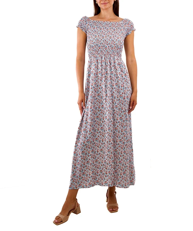 Biała sukienka w niebiesko-pomarańczowe kwiaty Stefania