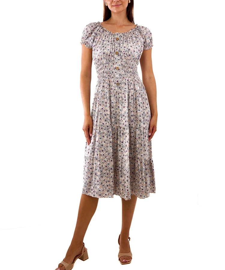 Beżowa sukienka midi w kwiaty Eloize