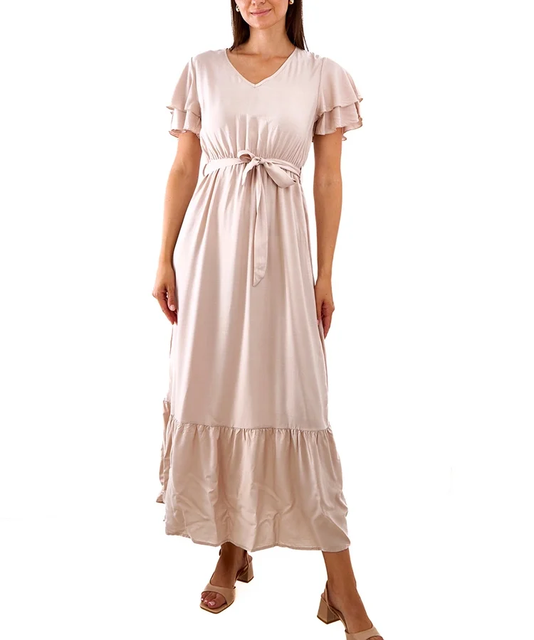 Beżowa sukienka maxi z krótkim rękawem Akina