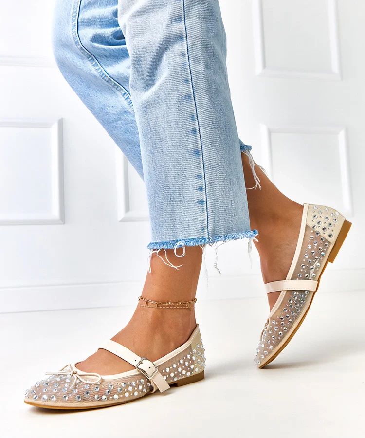 Beżowe baleriny siateczkowe z kryształkami Elasida