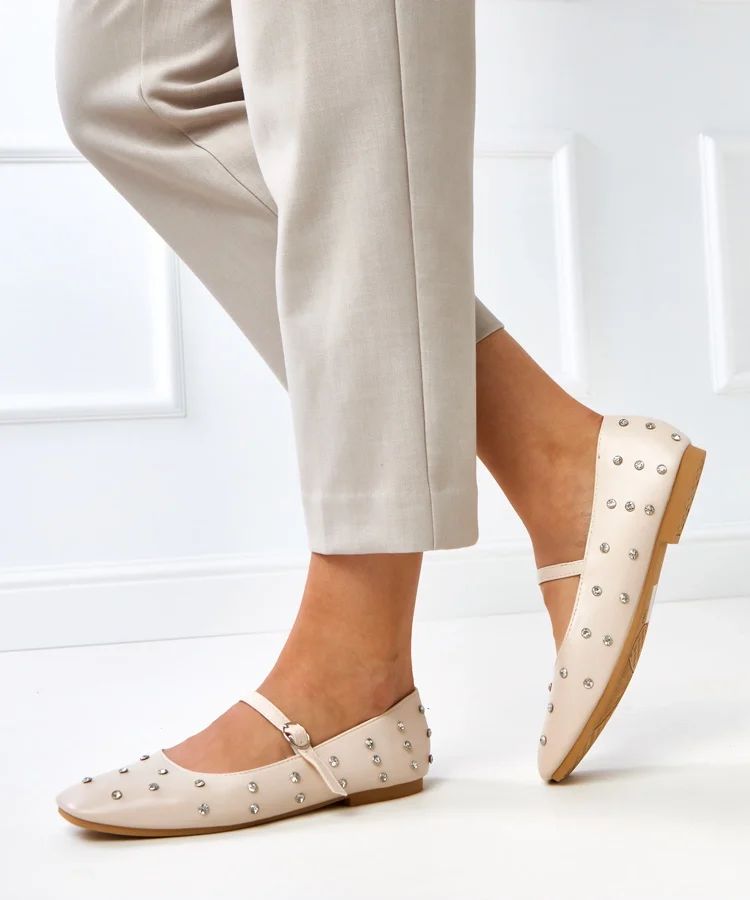 Beżowe balerinki z kryształkami Heidi