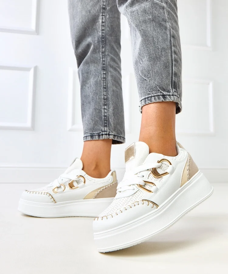 Białe sneakersy na platformie z plecioną wstawką Lina