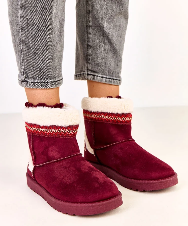 Bordowe niskie śniegowce zdobione haftem Sensila