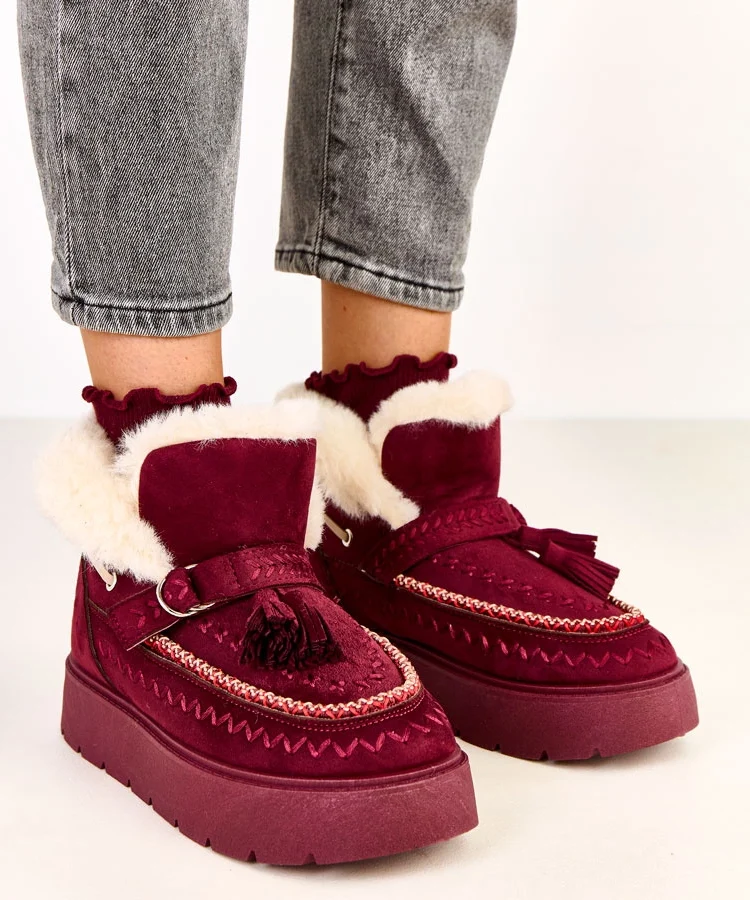 Bordowe śniegowce na platformie z frędzlami Maurisa