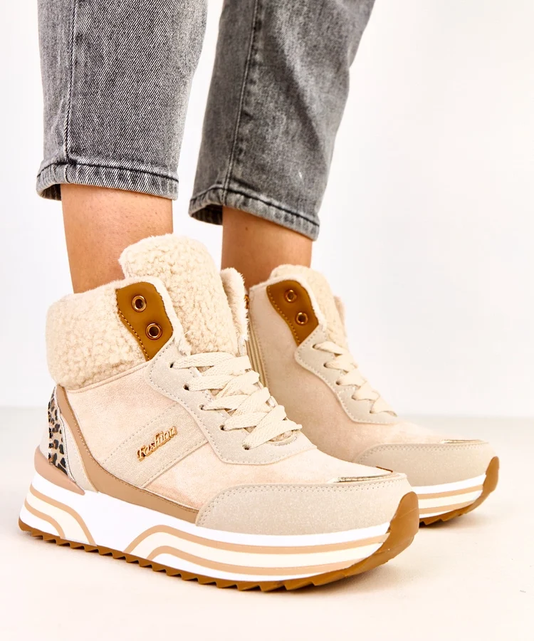 Beżowe sneakersy wysokie ocieplane z kożuszkiem Mirasen