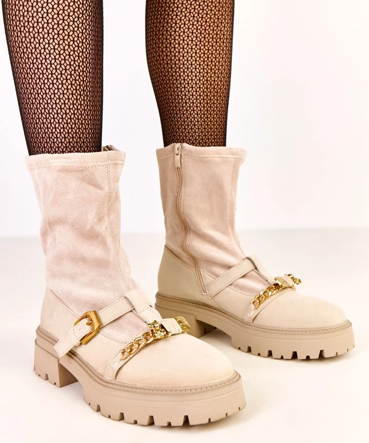 Beżowe traperki zdobione misiem i sprzączką Hariet