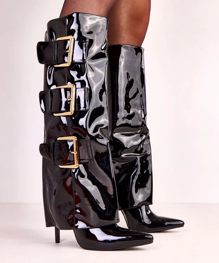 Czarne kozaki lakierowane z wywiniętą cholewką Karela