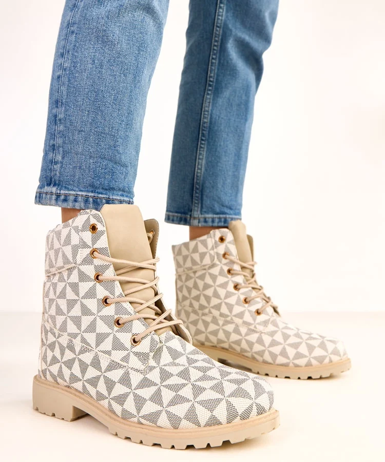 Beżowo-czarne trapery workery w geometryczny wzór Alicia