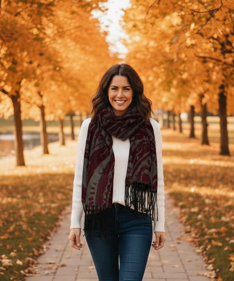 Szaro-bordowy szalik w kwiaty Colonie