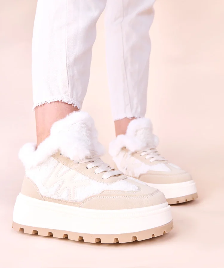 Beżowe sneakersy ocieplane z futerkiem Nicha