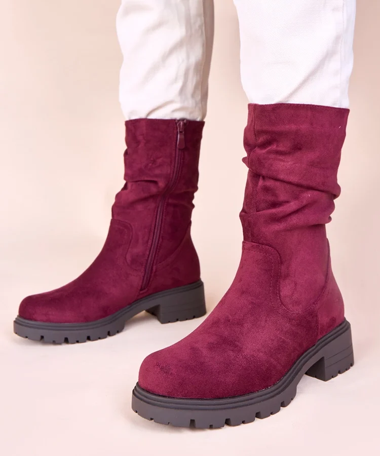 Bordowe botki na platformie z marszczeniem Malha