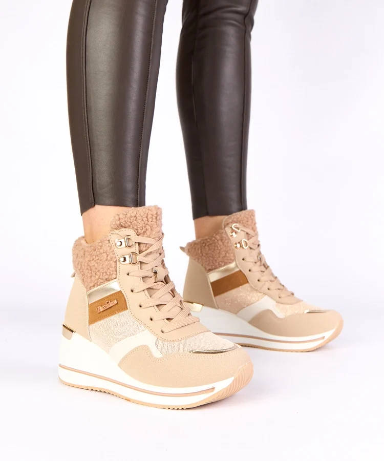 Beżowe śniegowce sneakersy  ocieplane na koturnie Rolinda