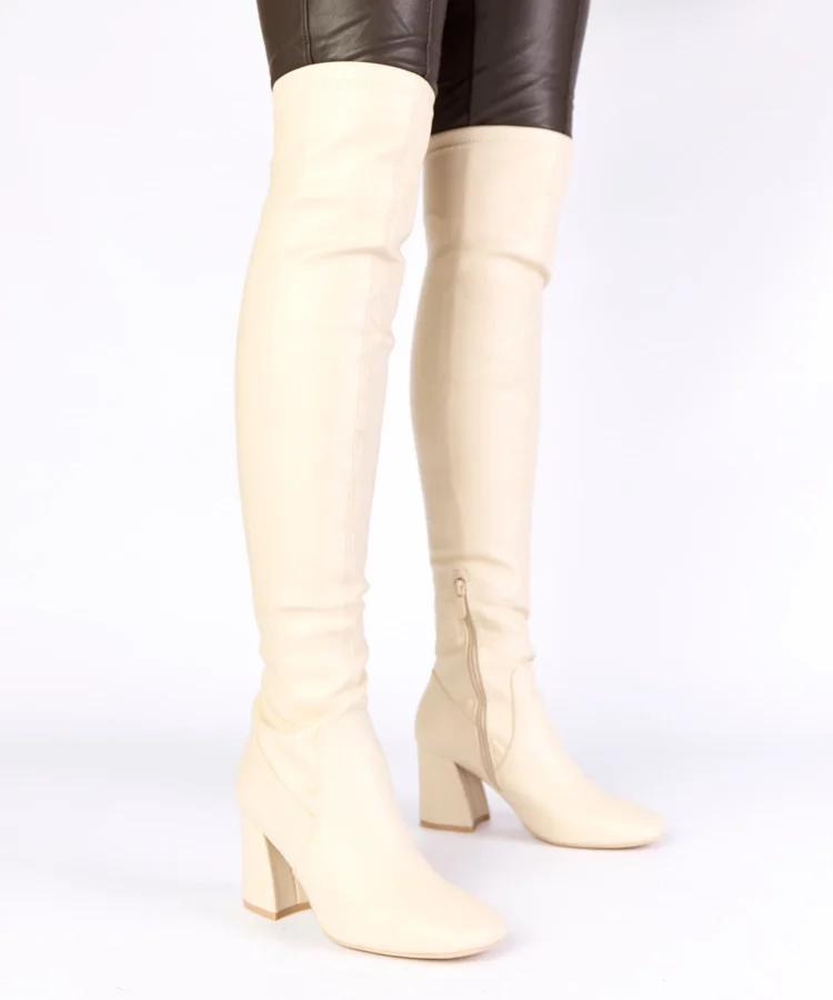 Beżowe kozaki na słupku za kolano Louna