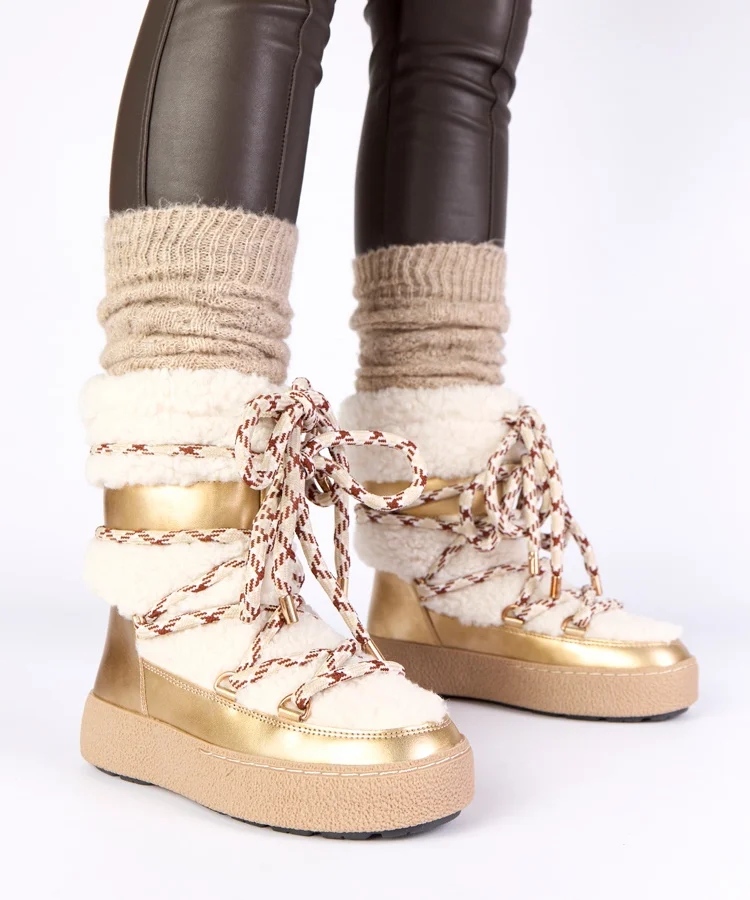 Złote śniegowce sznurowane ocieplane i zdobione futerkiem Aicha