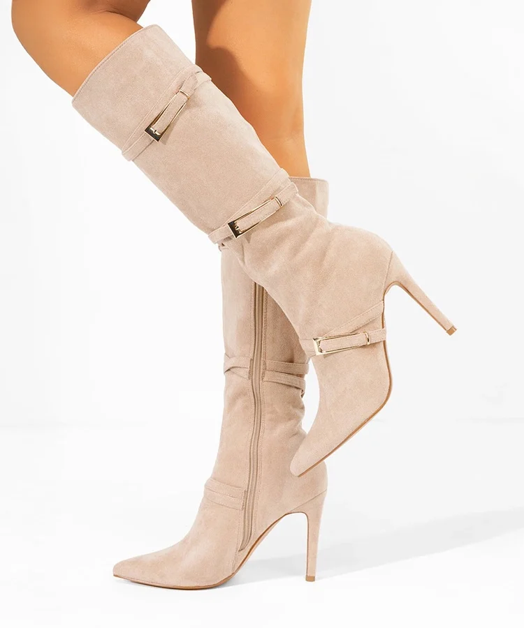 Beżowe kozaki na szpilce z ozdobnymi klamerkami Sadie