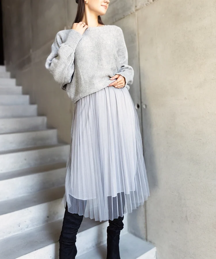 Szary komplet sweterek i sukienka z tiulem Sorenla