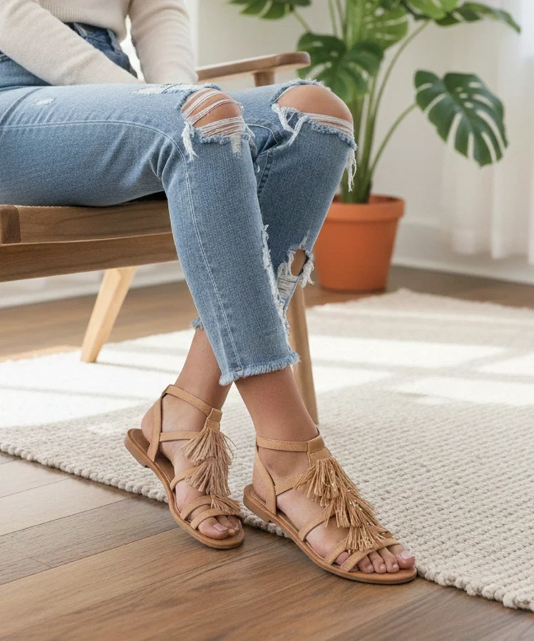 Camelowe sandały ozdobione frędzelkami Noronha