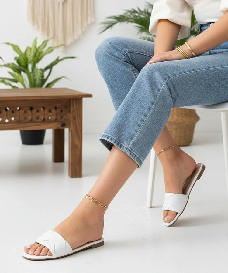 Beżowe klapki z plecioną cholewką Iren