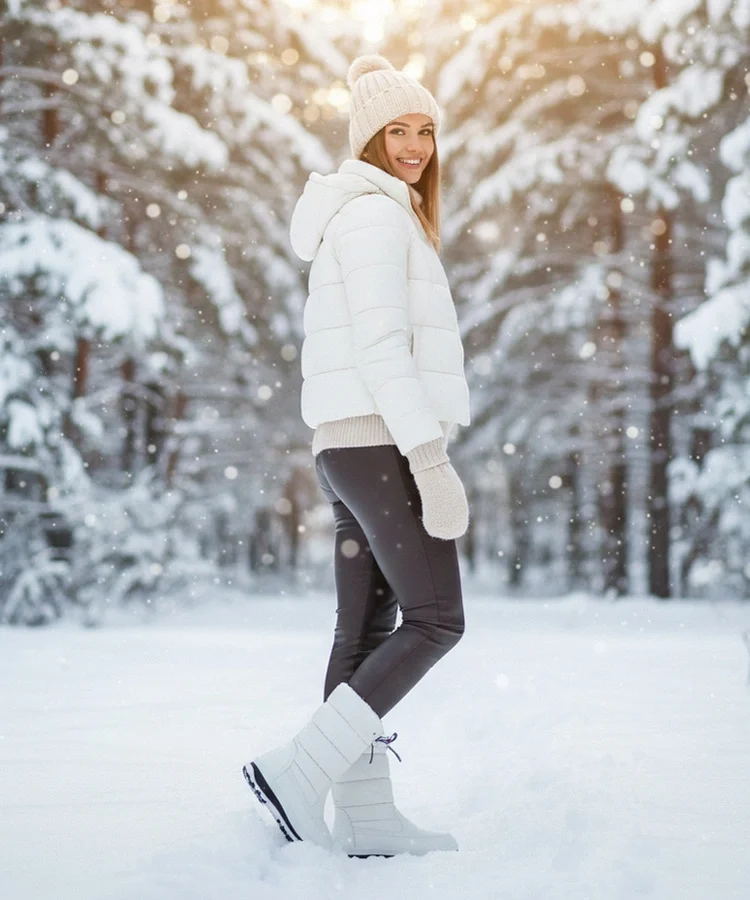 Białe śniegowce na niskim koturnie ze ściągaczem Sophie