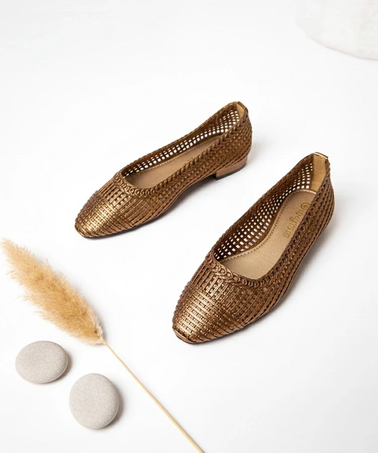 Brązowe ażurowe balerinki na niskim obcasie Simone