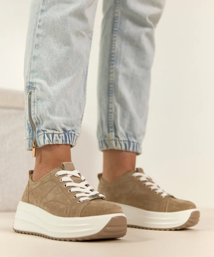 Beżowe Skórzane Sneakersy Na Platformie Filippo