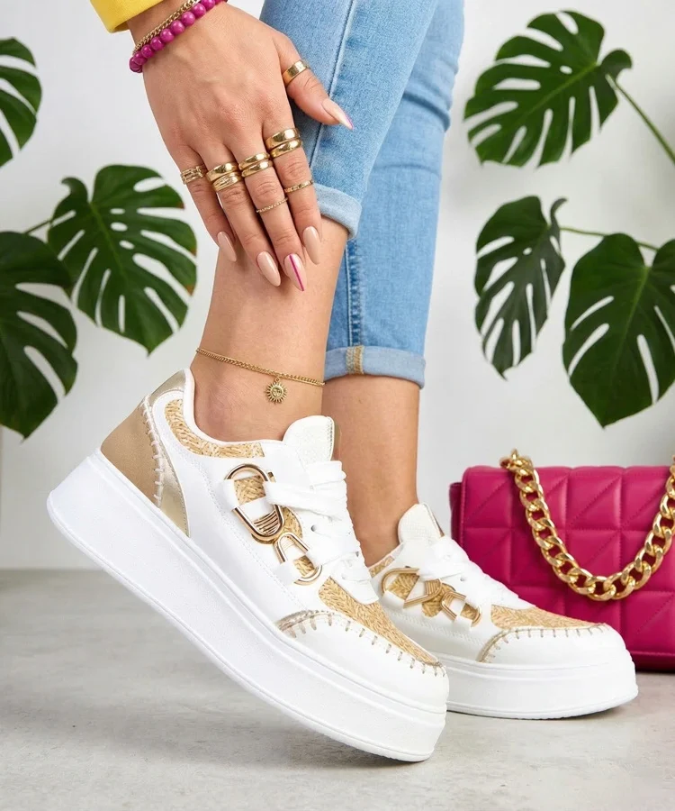 Beżowe sneakersy na platformie z plecioną wstawką Lina