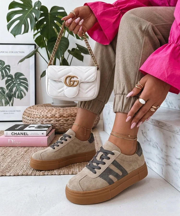 Beżowe Skórzane Sneakersy Na Platformie Filippo