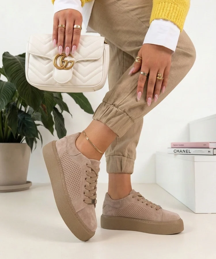 Beżowe Skórzane Sneakersy Na Platformie Filippo