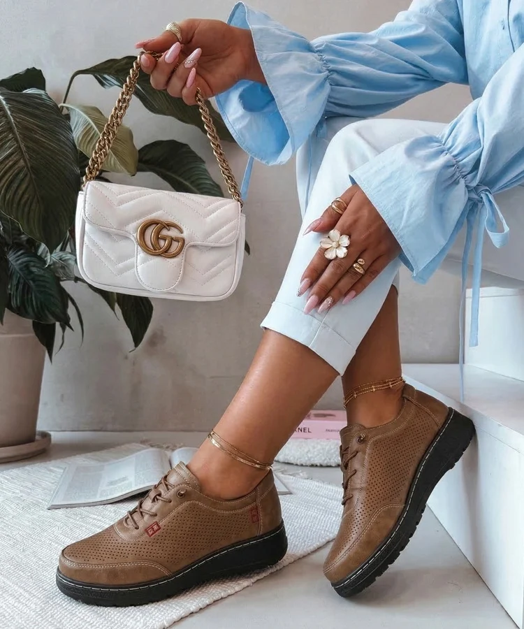 Brązowe Ażurowe Wsuwane Półbuty Solenne