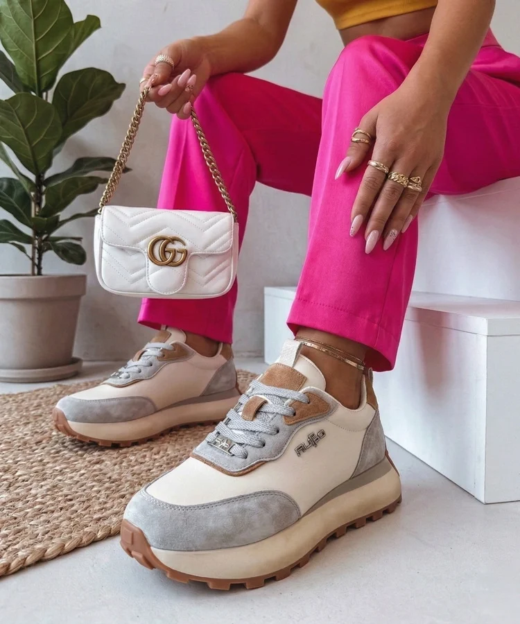 Beżowe Skórzane Sneakersy Na Platformie Filippo