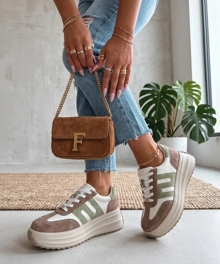 Beżowe Skórzane Sneakersy Na Platformie Filippo