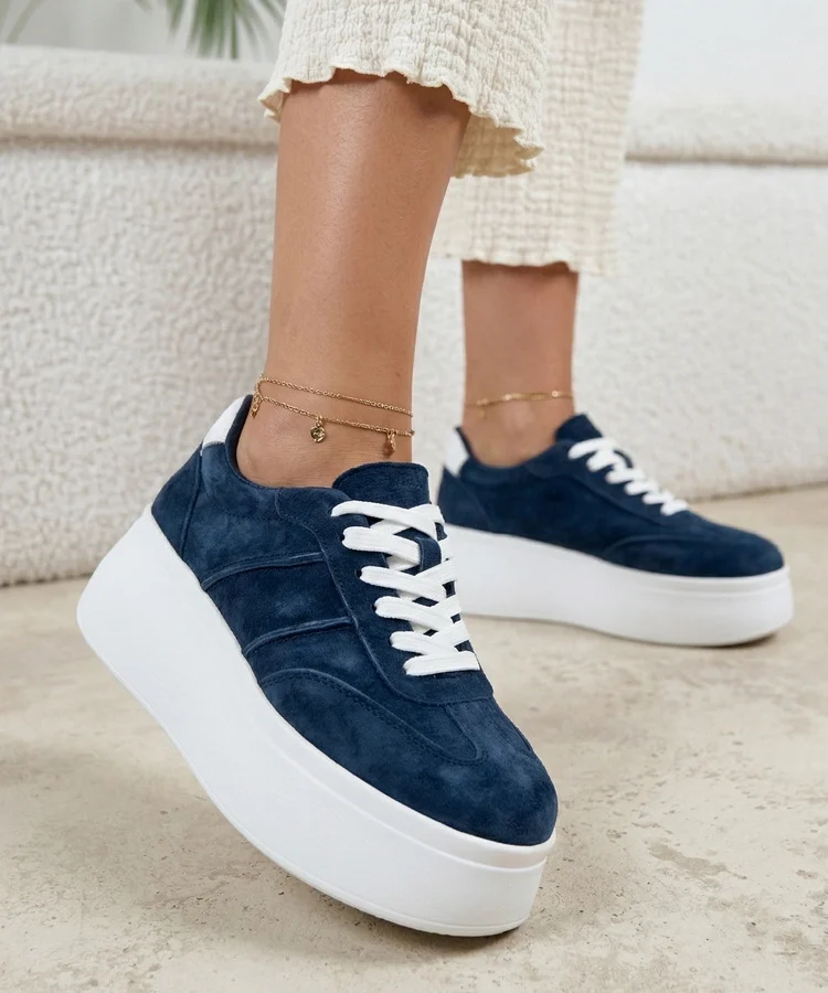 Granatowe Skórzane Sneakersy Na Platformie Cambell