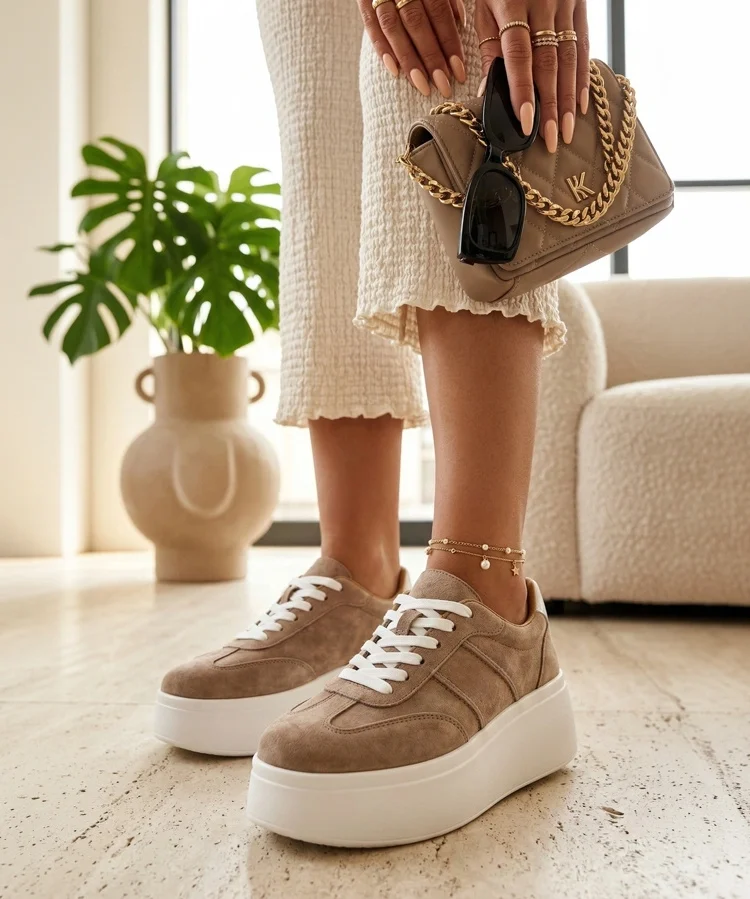 Beżowe Skórzane Sneakersy Na Platformie Cambell