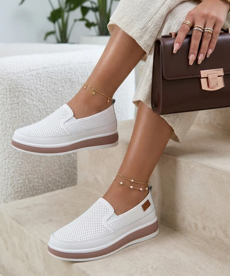 Białe Ażurowe Skórzane Wsuwane Półbuty Cambell