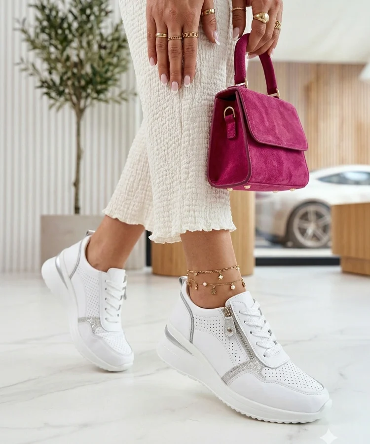 Białe Skórzane Sneakersy Na Krytej Koturnie Cambell