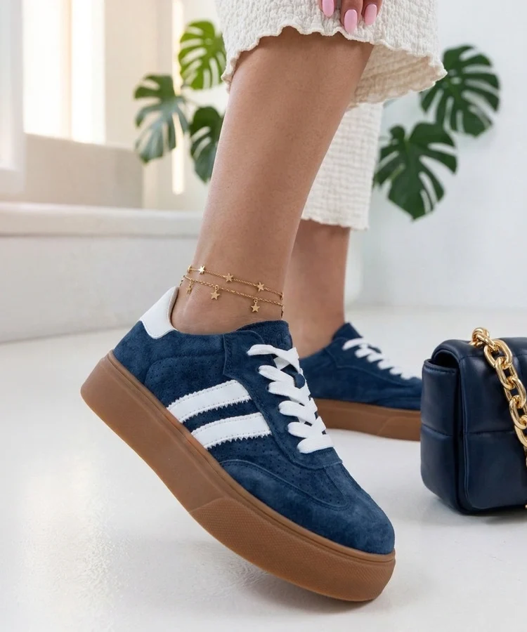 Granatowe Skórzane Sneakersy Na Platformie Cambell