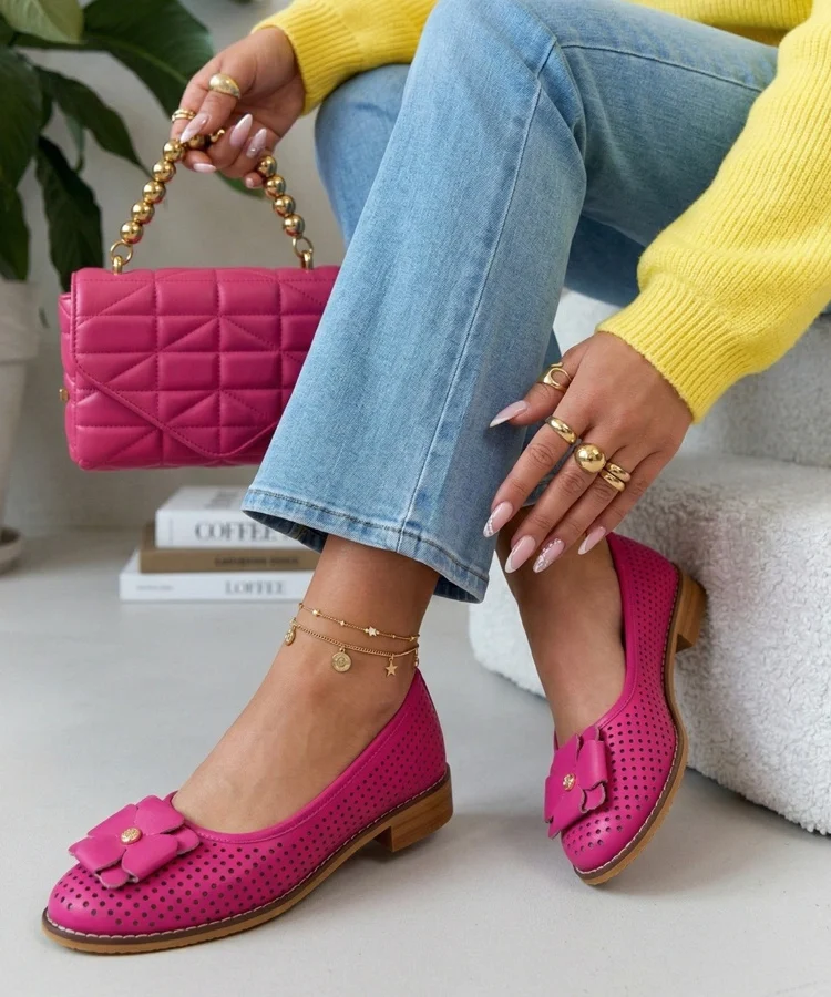 Różowe Skórzane Ażurowe Baleriny Cambell