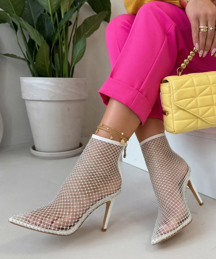 Białe Siateczkowe Botki Na Szpilce Z Cyrkoniami Harper