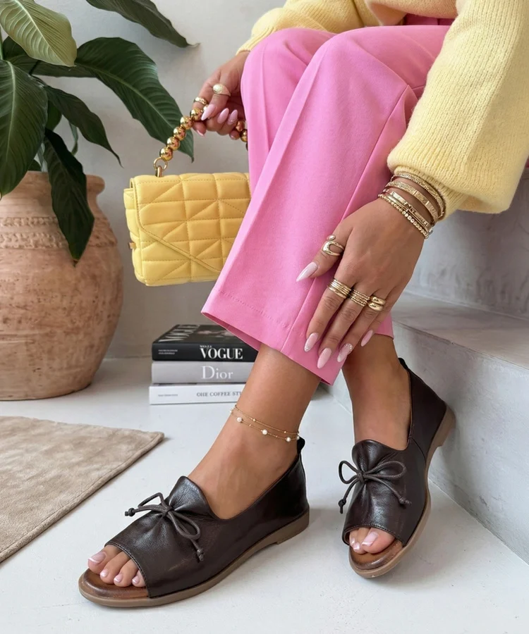 Brązowe Baleriny Skórzane Z Odkrytym Noskiem Cambell