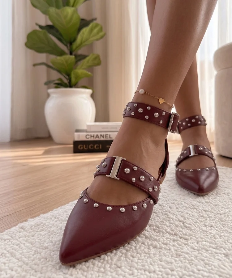 Bordowe Balerinki Zdobione Dżetami Clarisse